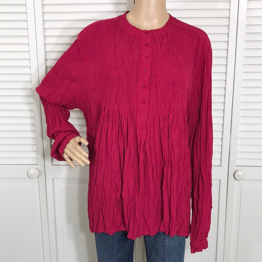 NWT Sundance Magenta Crinkle Blouse Top with Placket XL
